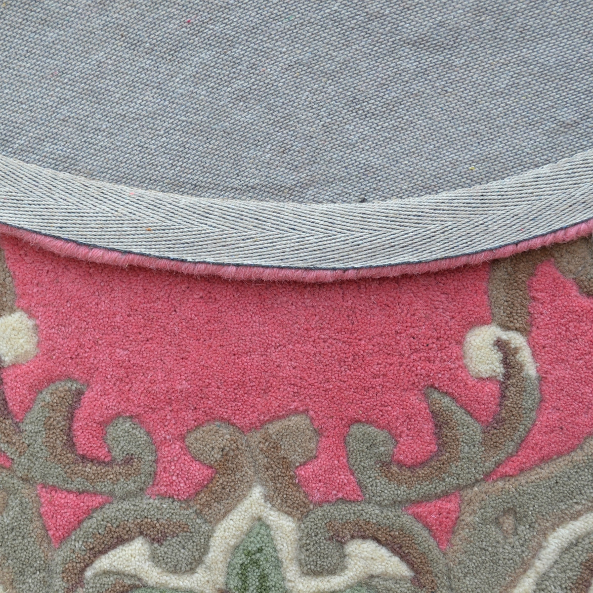 French Floral Handwoven Woolen Rug - Pink - Round