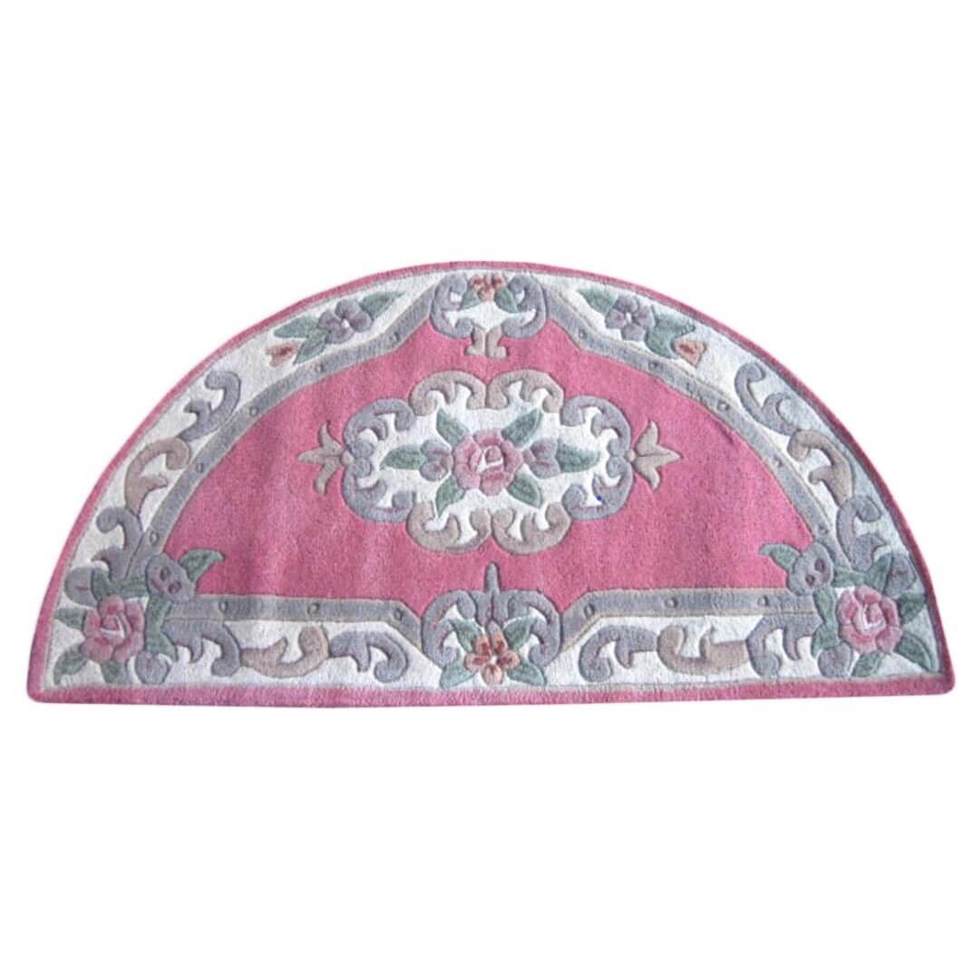 French Floral Handwoven Woolen Rug - Pink - Semicircle