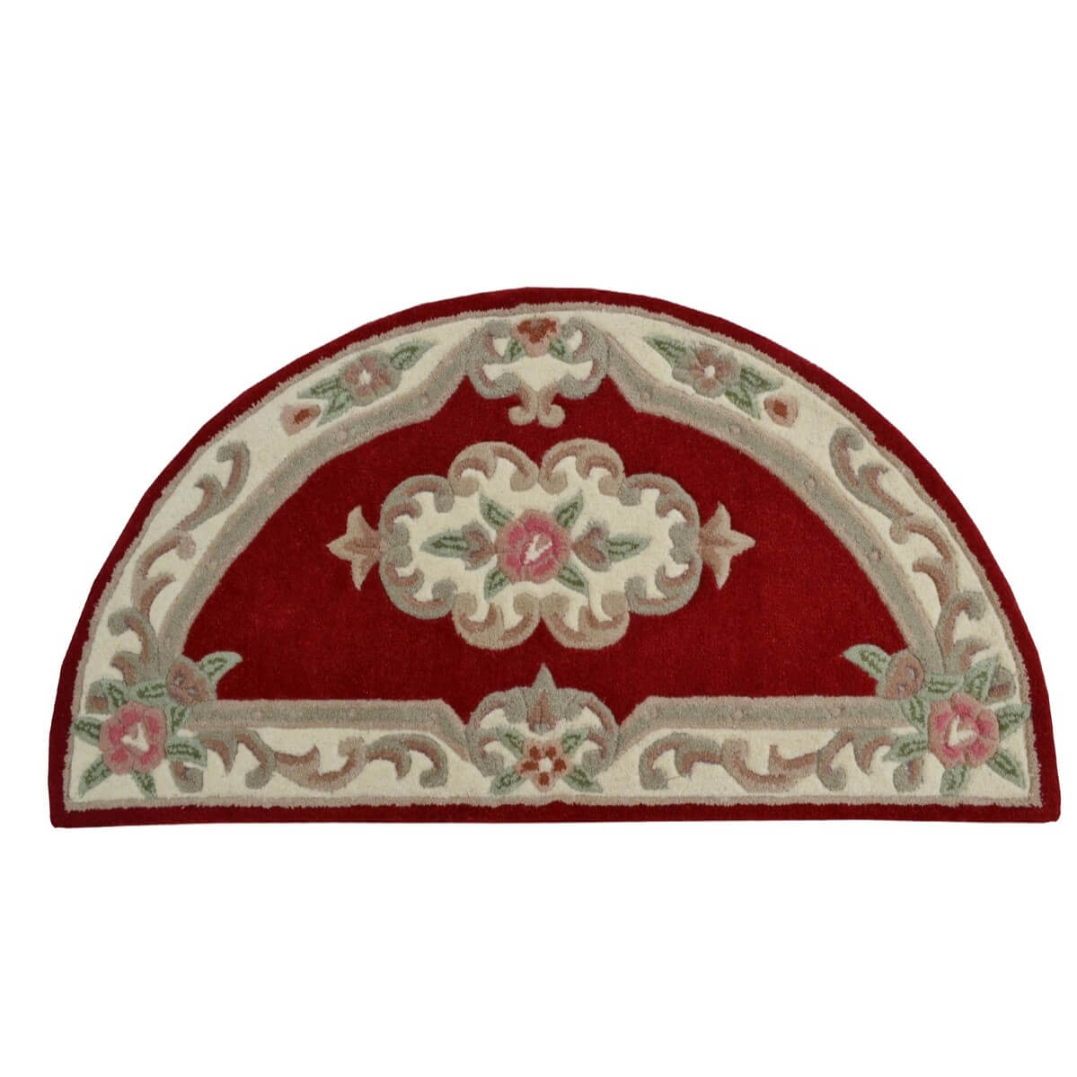 French Floral Handwoven Woolen Rug - Red - Semicircle