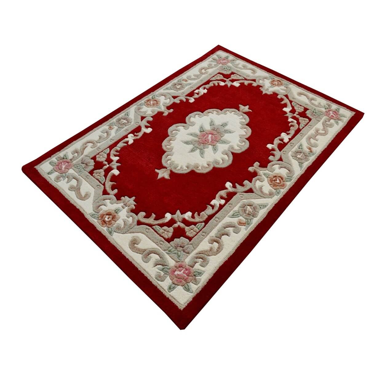 French Floral Handwoven Woolen Rug - Red - (Available In 3 Sizes)