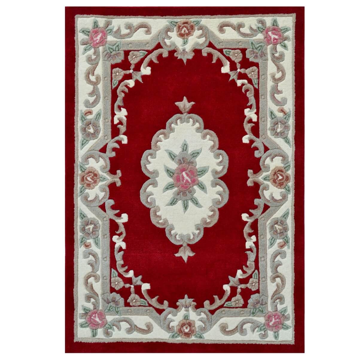 French Floral Handwoven Woolen Rug - Red - (Available In 3 Sizes)