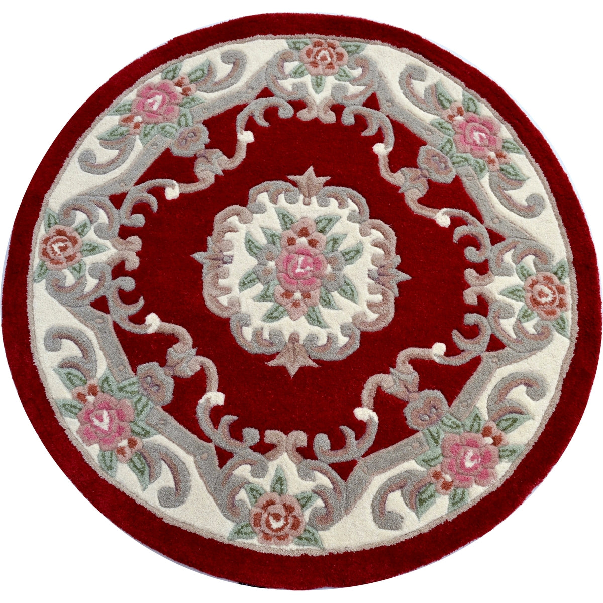 French Floral Handwoven Woolen Rug - Red - Round