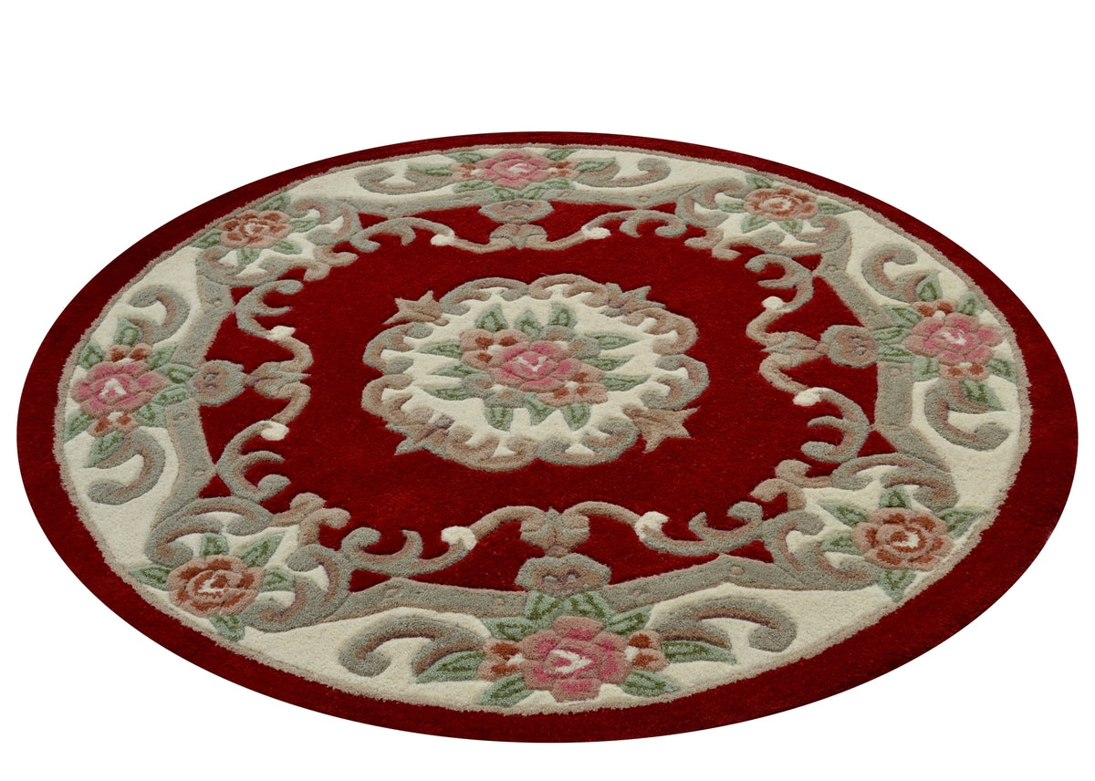 French Floral Handwoven Woolen Rug - Red - Round