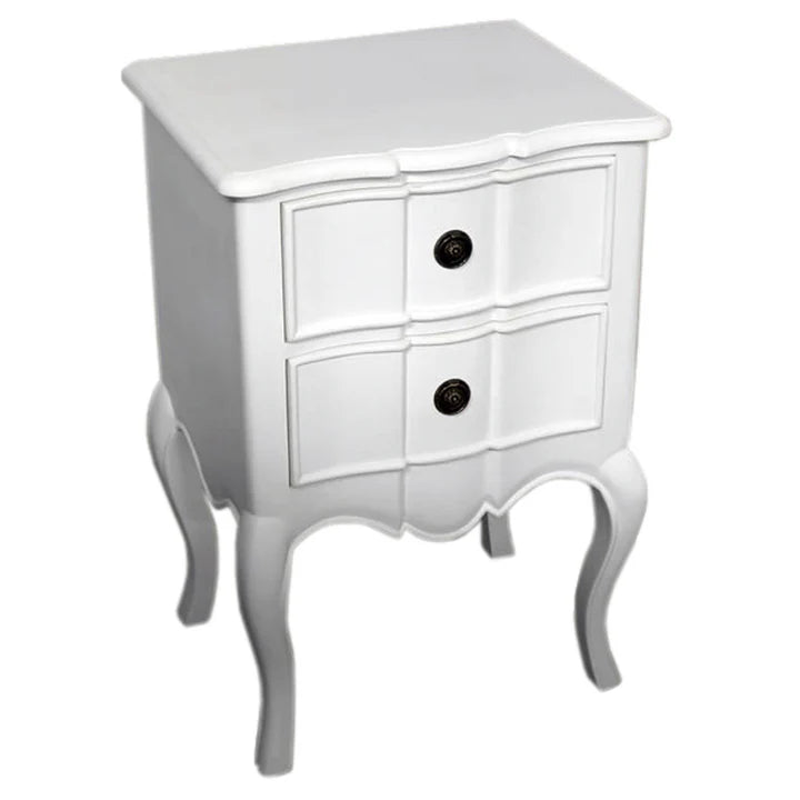 French Louis Style Double Drawer Bedside Table - White