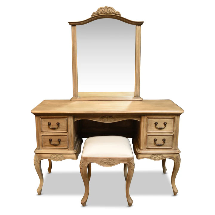 French Louis Style Wooden Dressing Table with Stool - Weathered Oak