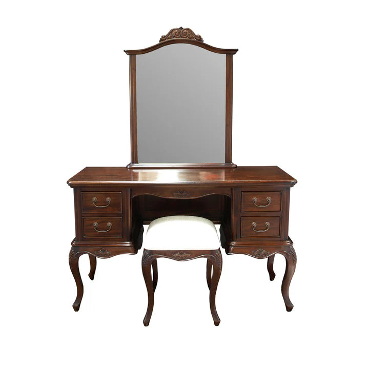 French Louis Style Wooden Dressing Table with Stool - Walnut