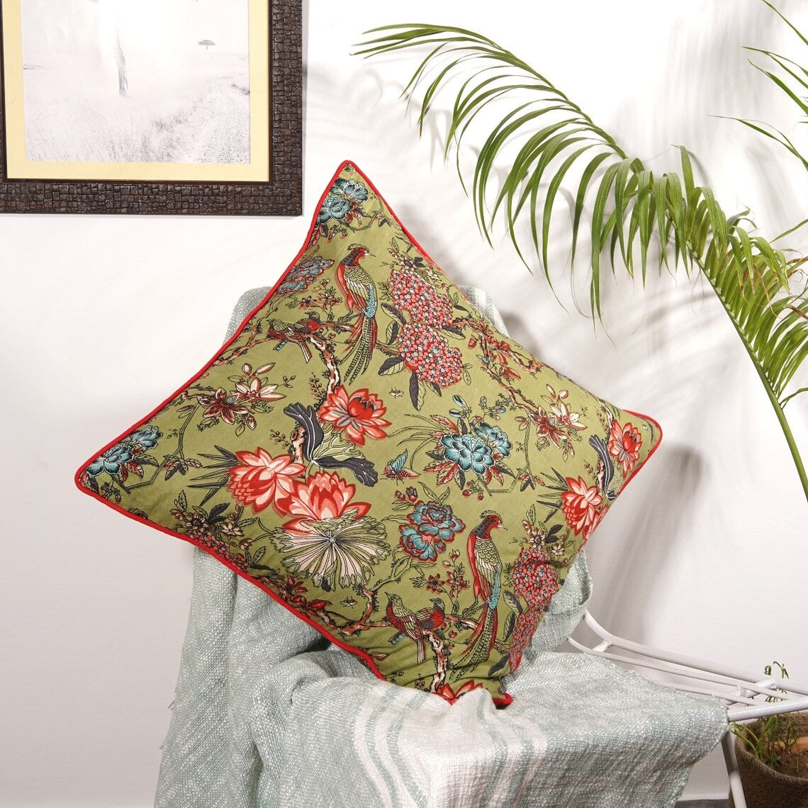 Frida Kahlo Blossom Inspired Cotton Cushion Cover 50 x 50cms - Green