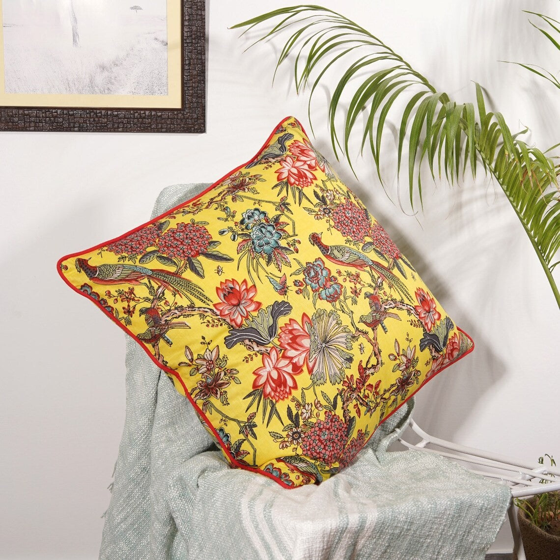 Frida Kahlo Flora Fauna Cotton Cushion Cover 50 x 50cms - Yellow