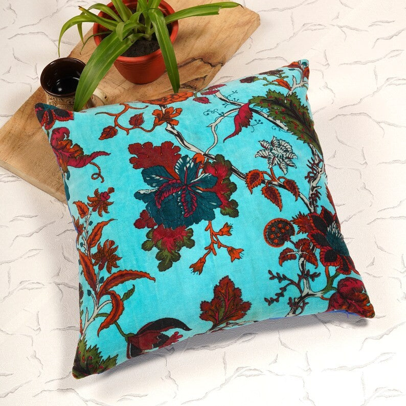 Frida Kahlo Floral Printed Cotton Cushion Cover 45 x 45cms - Blue