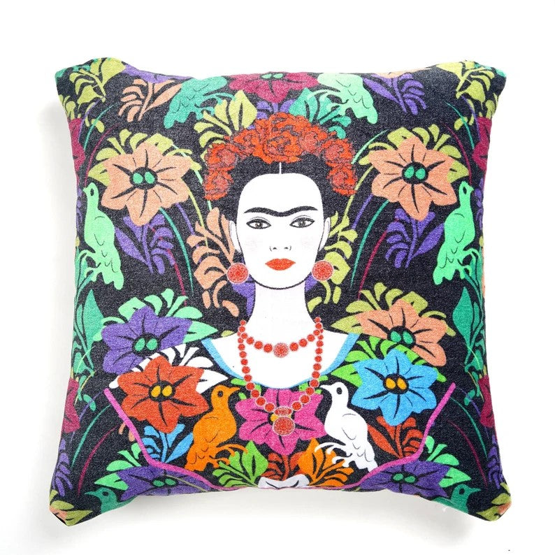 Frida Kahlo Inspired Cotton Cushion Cover 50 x 50cms - Black