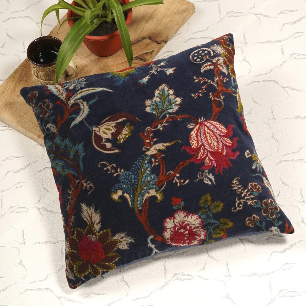 Frida Kahlo Floral Inspired Velvet Cushion Cover 45 x 45cms - Navy Blue