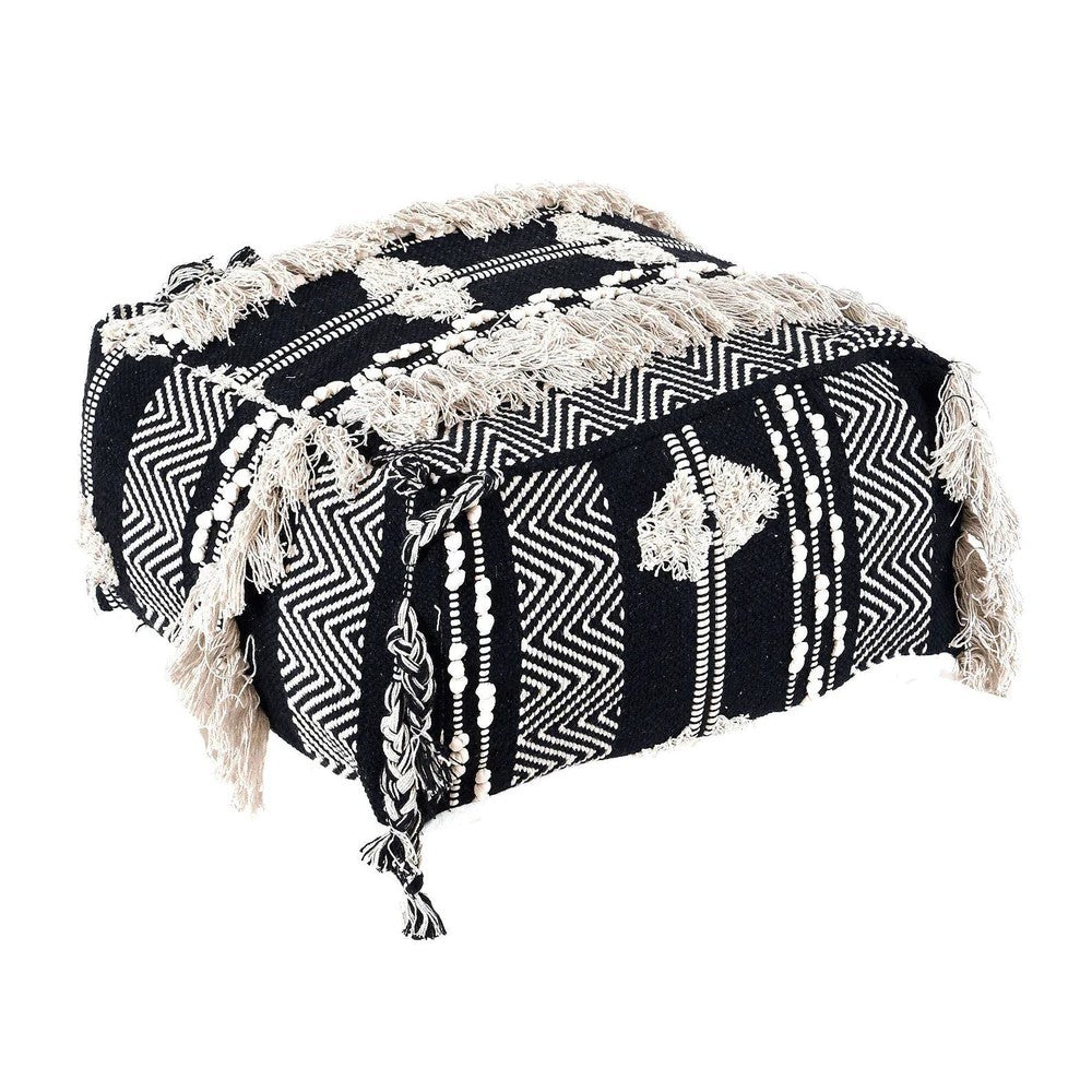 Fringed Shaggy Handmade Ottoman Cover - Black