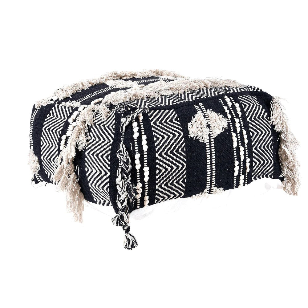 Fringed Shaggy Handmade Ottoman Cover - Black