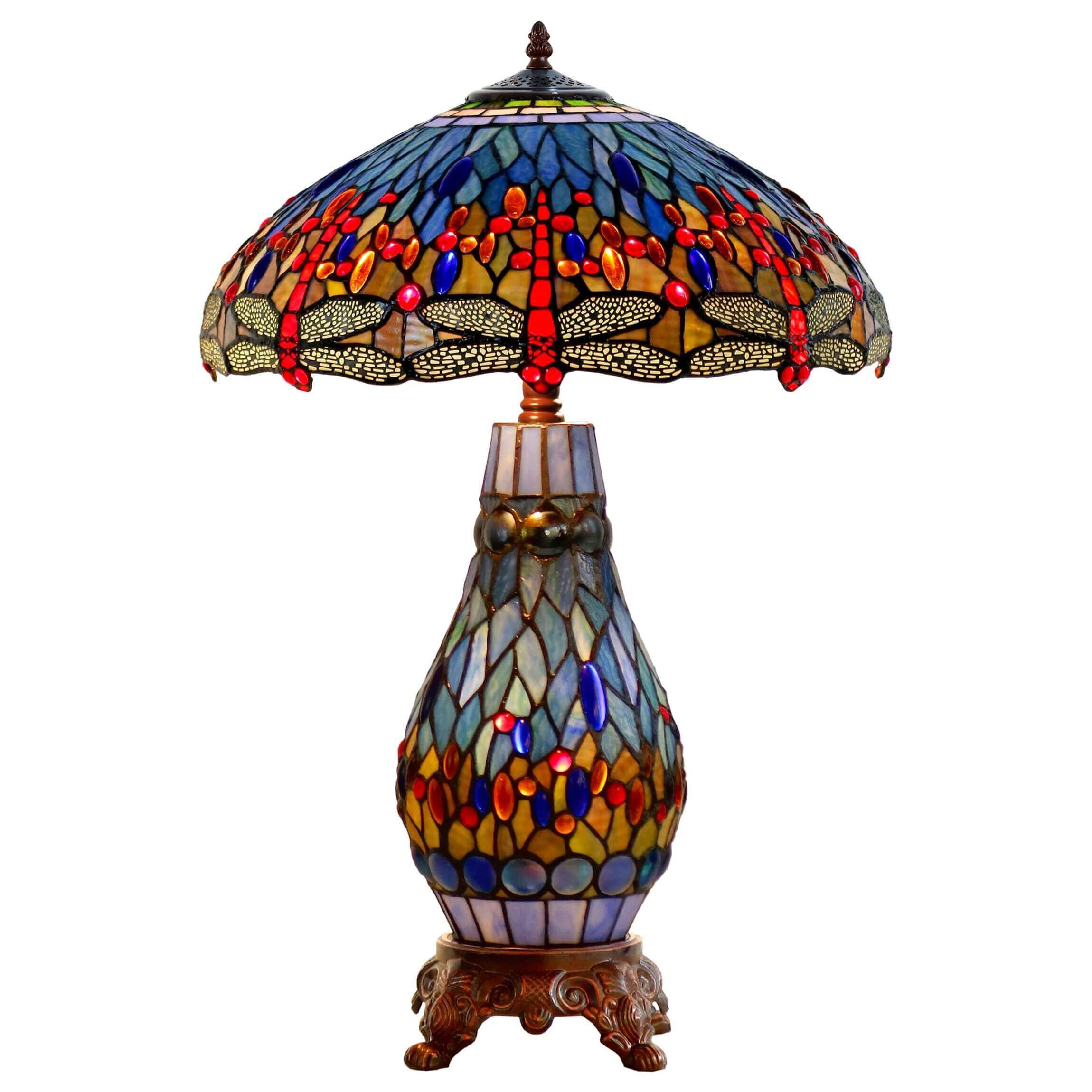 Gems & Dragonflies Tiffany Stained Glass Table Lamp (Available in 2 Colors)