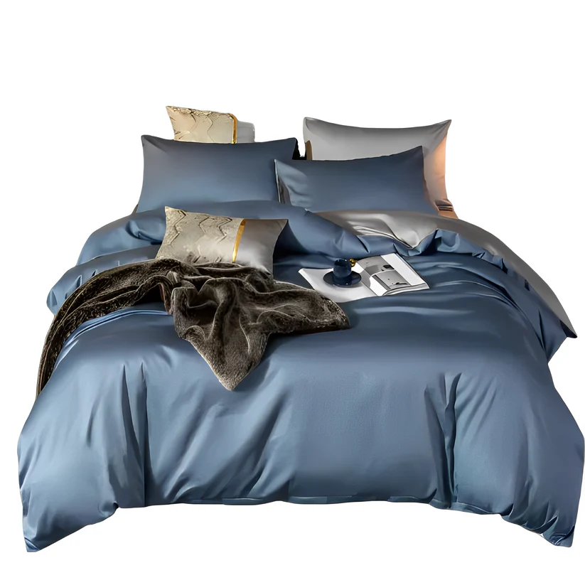 Comforter King Size Blue/Light Grey Bedspread - 4Pcs Set