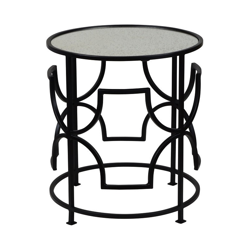 Geometric Grille Cylindrical Glass Top Side Table - Black