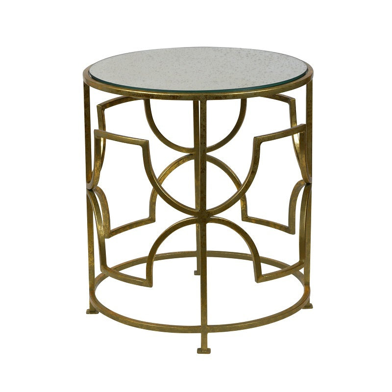 Geometric Grille Cylindrical Glass Top Side Table - Gold