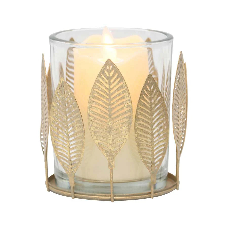 Glass Candleholder with Lustre Leaves - 10x9.5cms