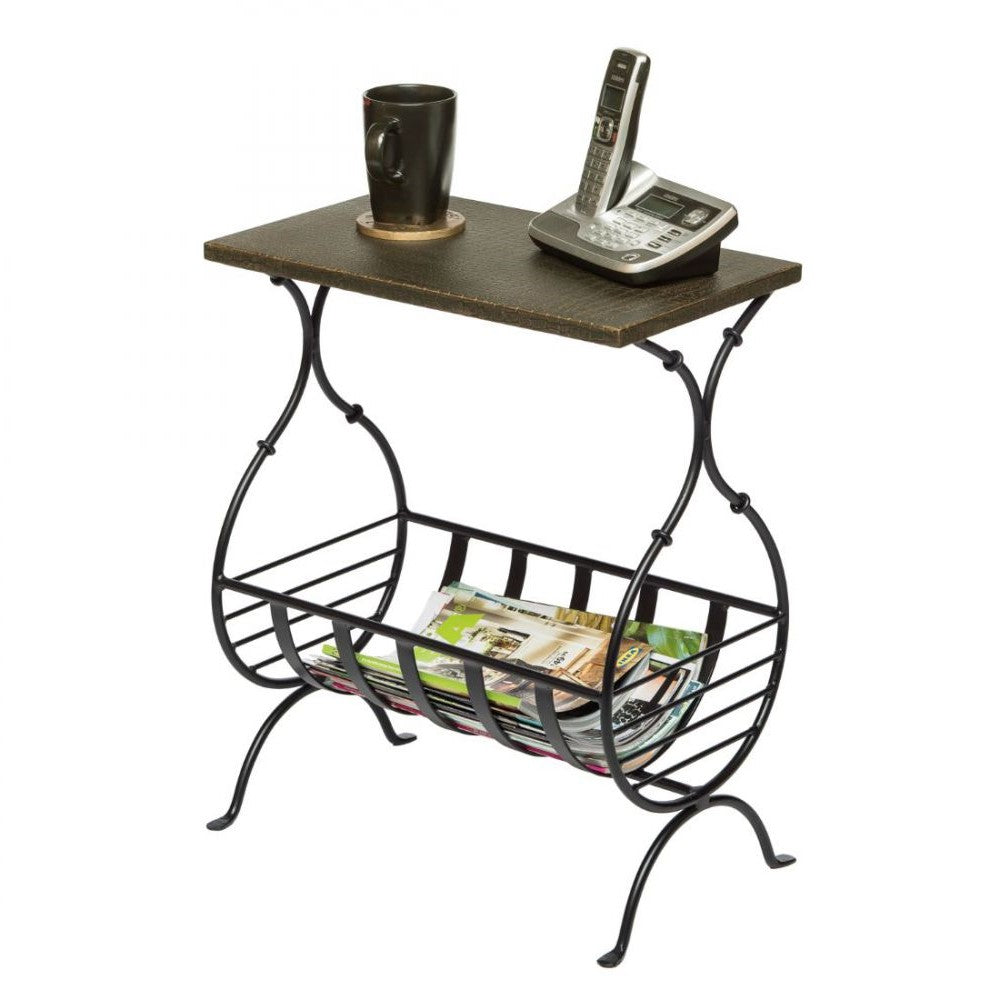 Goldish Black Iron Bedside Table With Magazine Holder