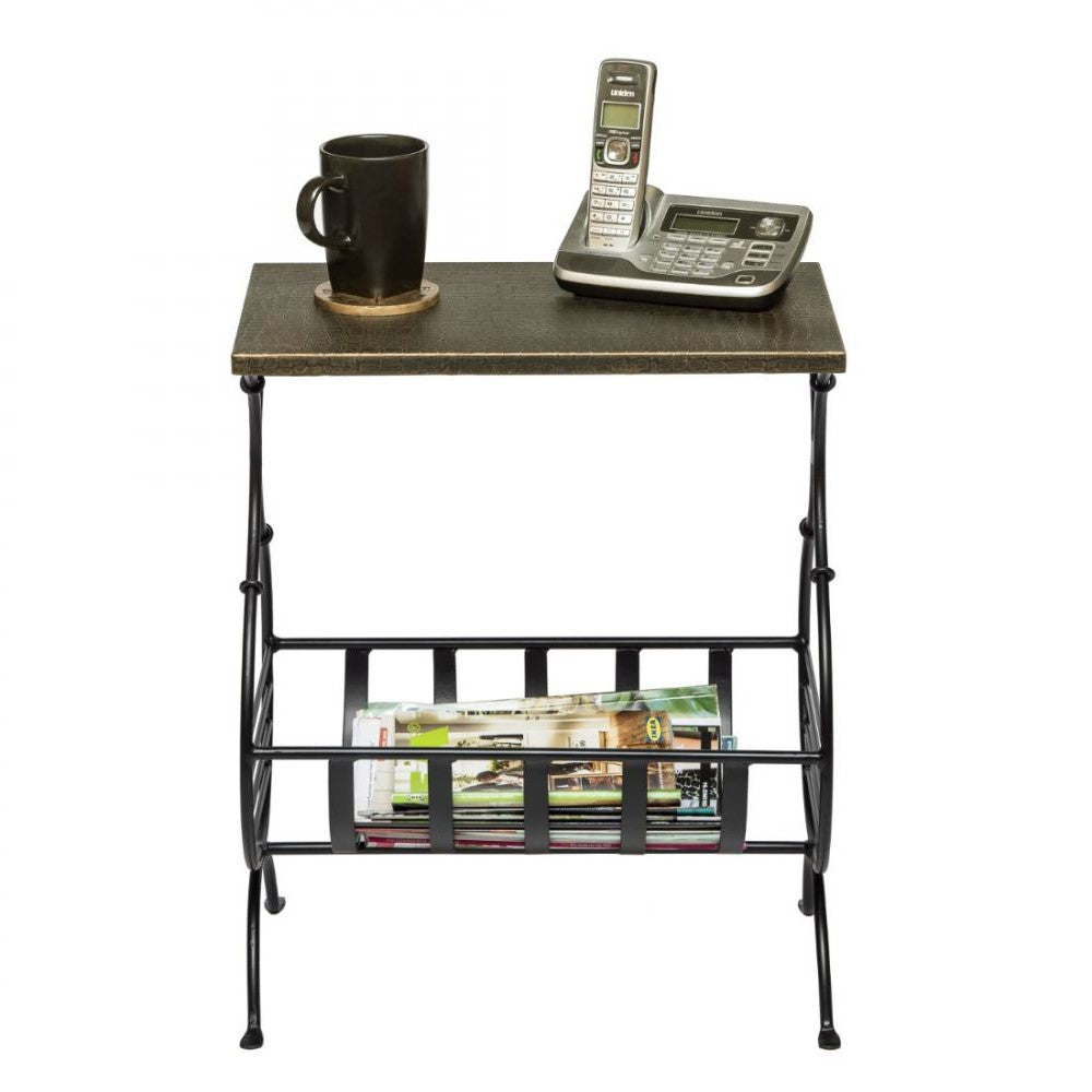 Goldish Black Iron Bedside Table With Magazine Holder