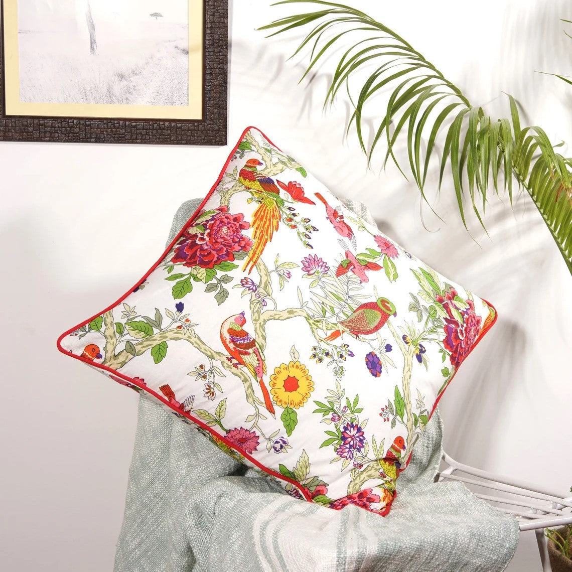 Graceful Florals on White Cotton Cushion Cover 50 x 50cms