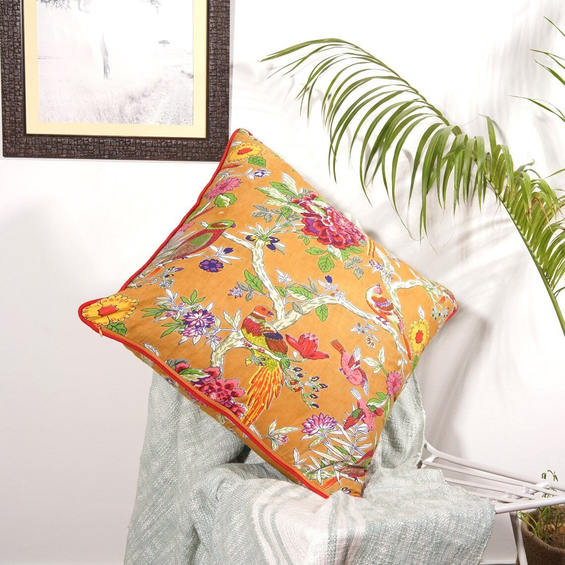 Graceful Florals on Yellow Cotton Cushion Cover 50 x 50cms