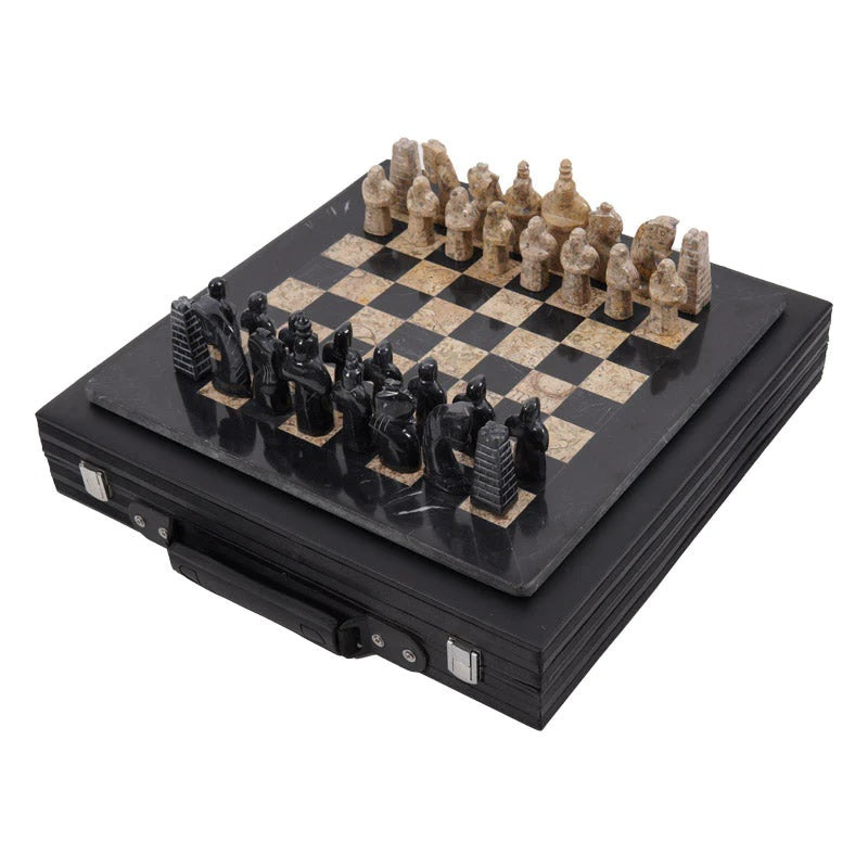 Grandeur Handmade Marble Chess Set in Premium Case Black & Coral