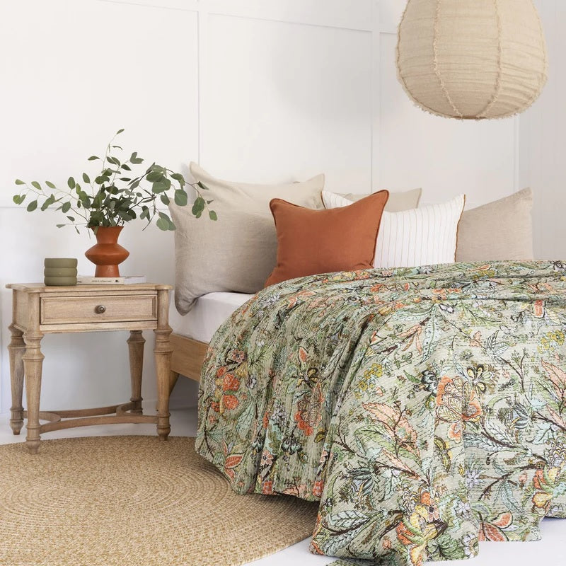 Green Flora Fauna Patterned Cotton Bedspread