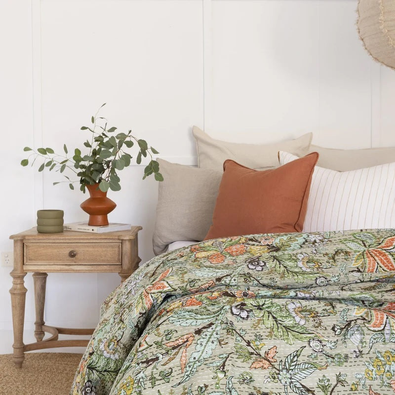 Green Flora Fauna Patterned Cotton Bedspread