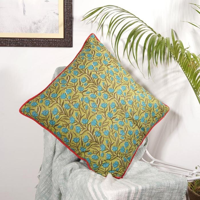 Green Floral Block Print Cotton Cushion Cover 50 x 50cms