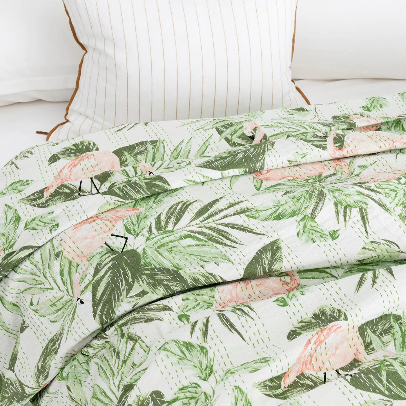 Green Tropical Leaves Inspired Cotton Bedspread