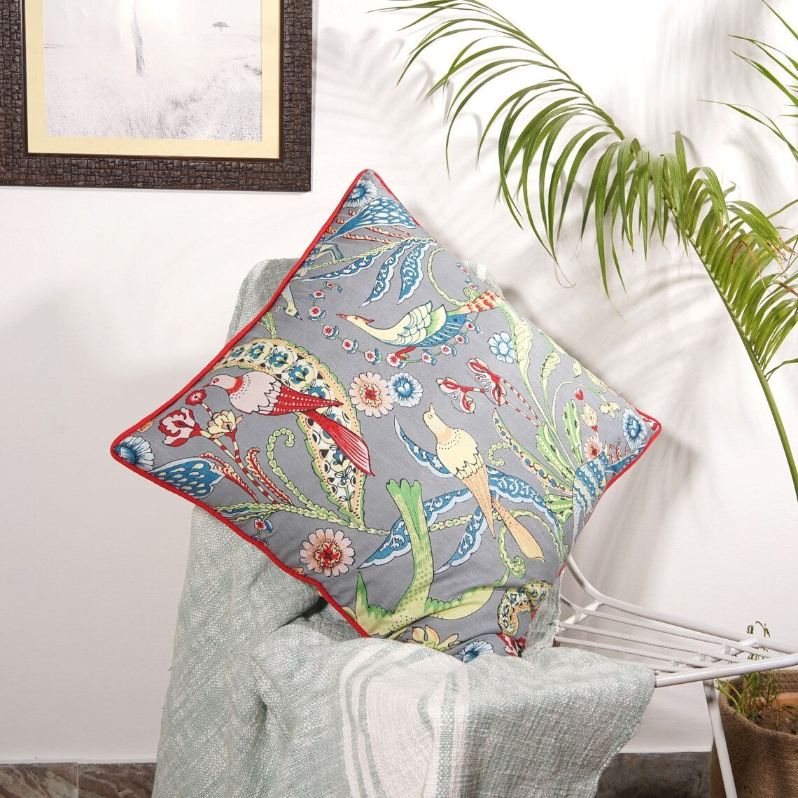 Grey Bird Cotton Cushion Cover 50 x 50cms