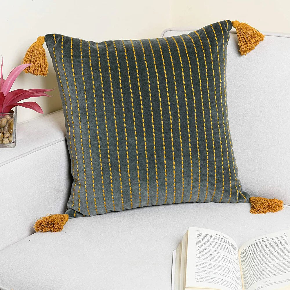 Grey Embroidery Striped Hand Tufted Cushion Cover 50 x 50cms