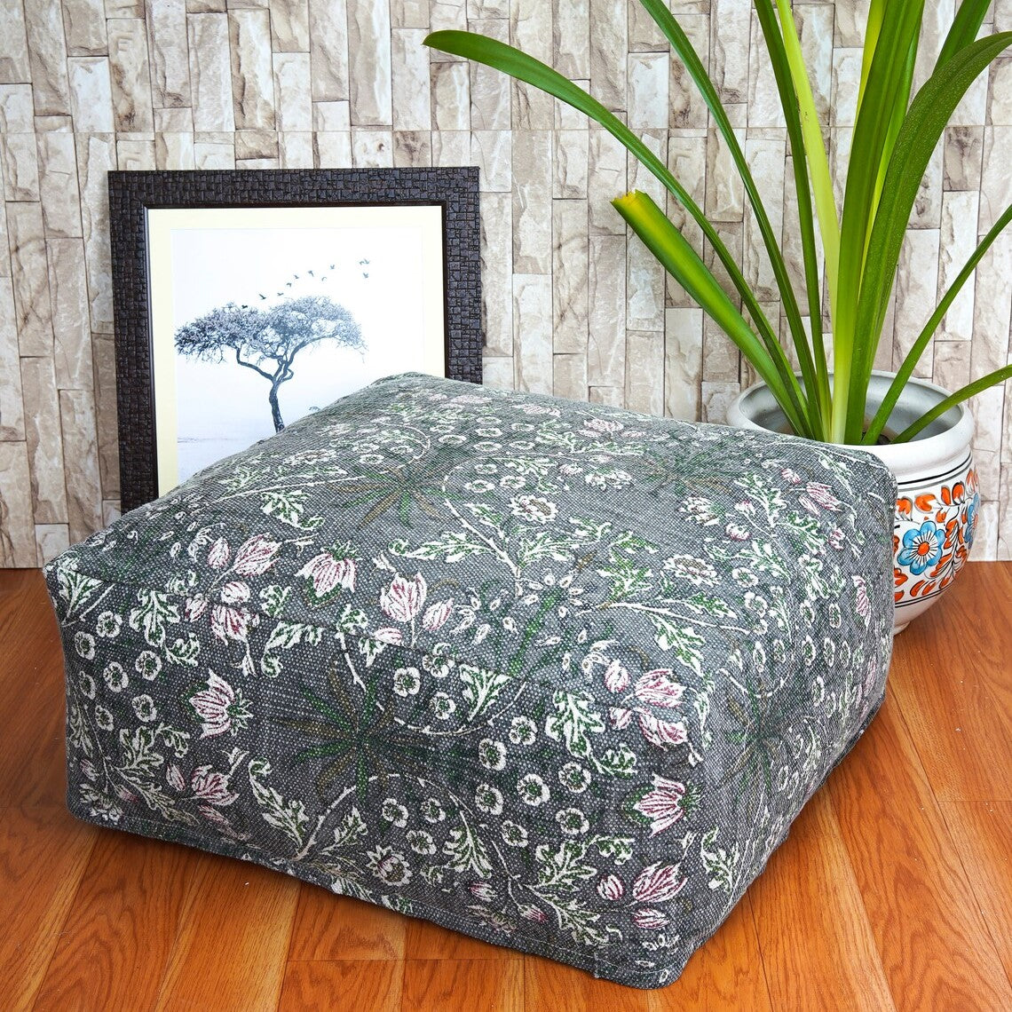 Grey Floral Artistic Ottoman Cover