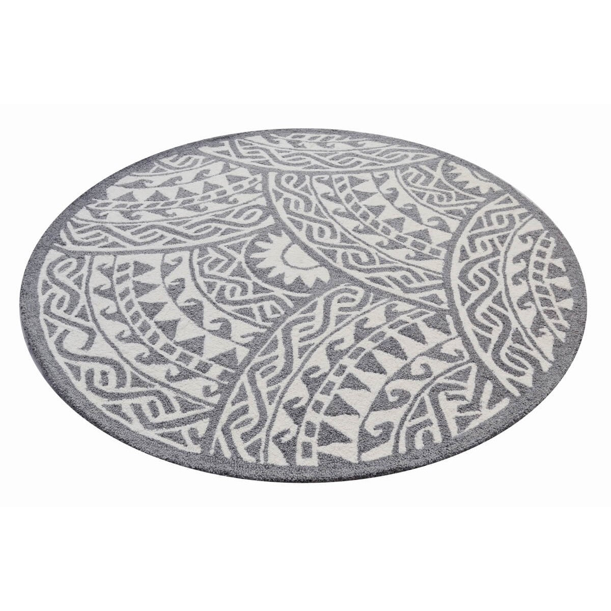 Grey Patch Pattern Handmade Woolen Rug - Round