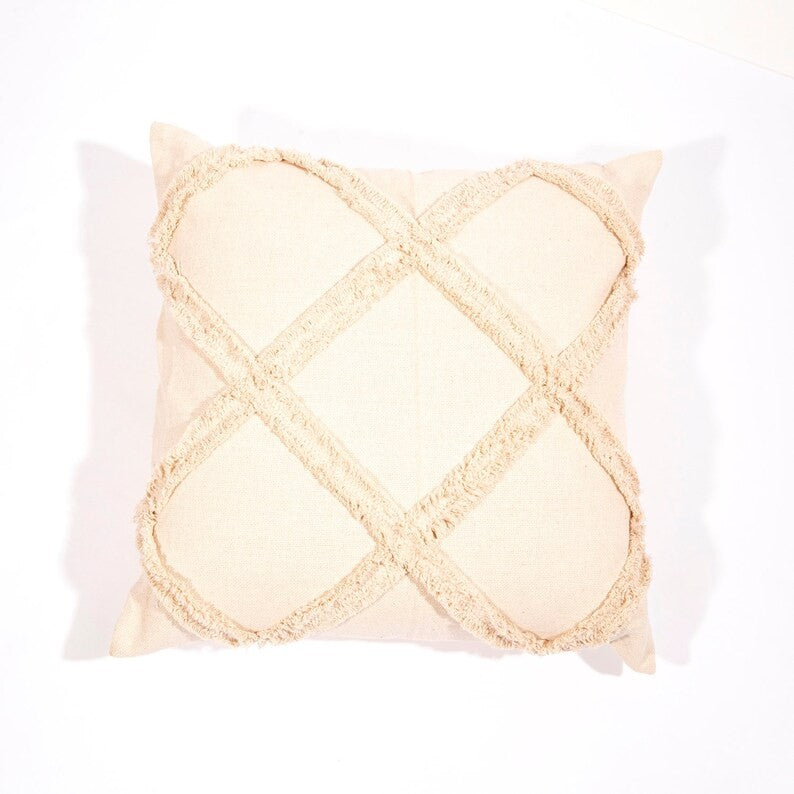 Grid Pattern White Shaggy Cotton Cushion Cover 50 x 50cms