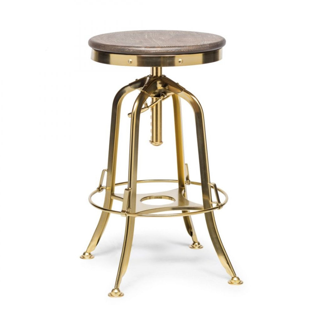 Hamptons Oak Wood Top Swivel Height Adjustable Bar Stool - Gold