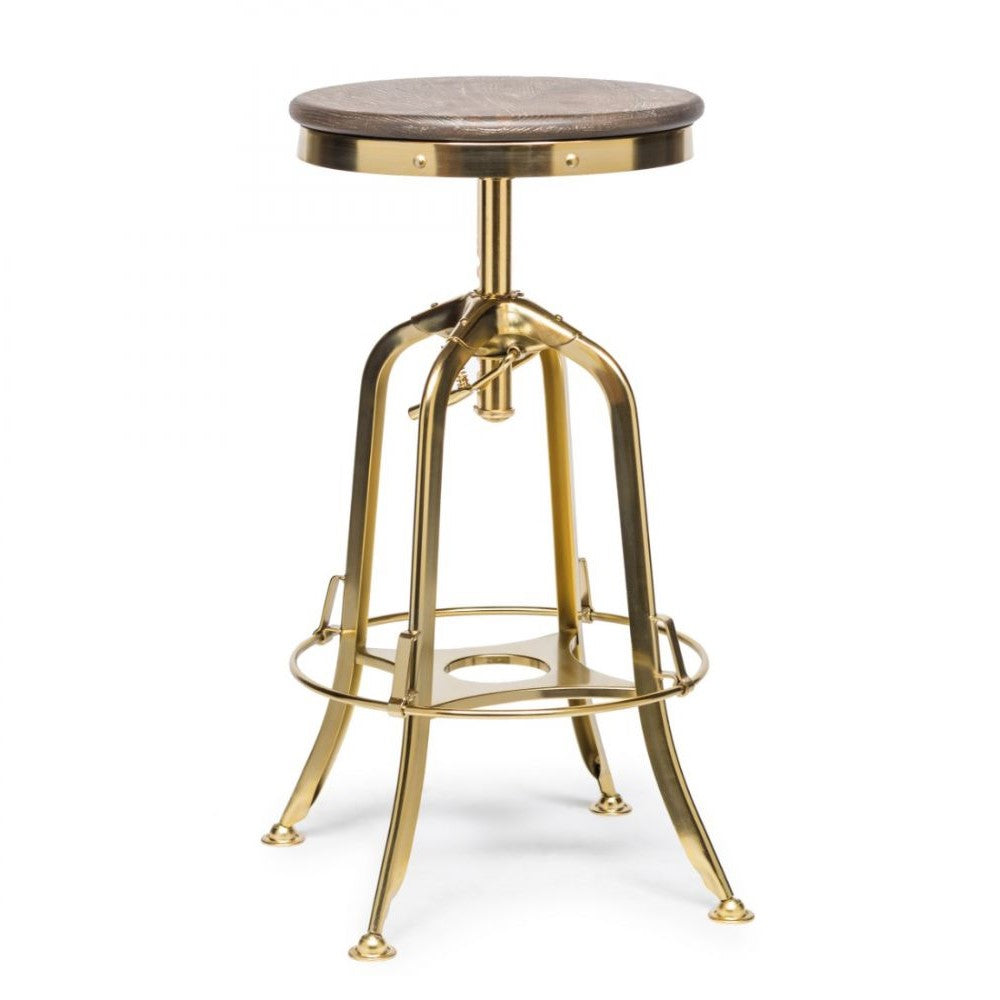 Hamptons Oak Wood Top Swivel Height Adjustable Bar Stool - Gold