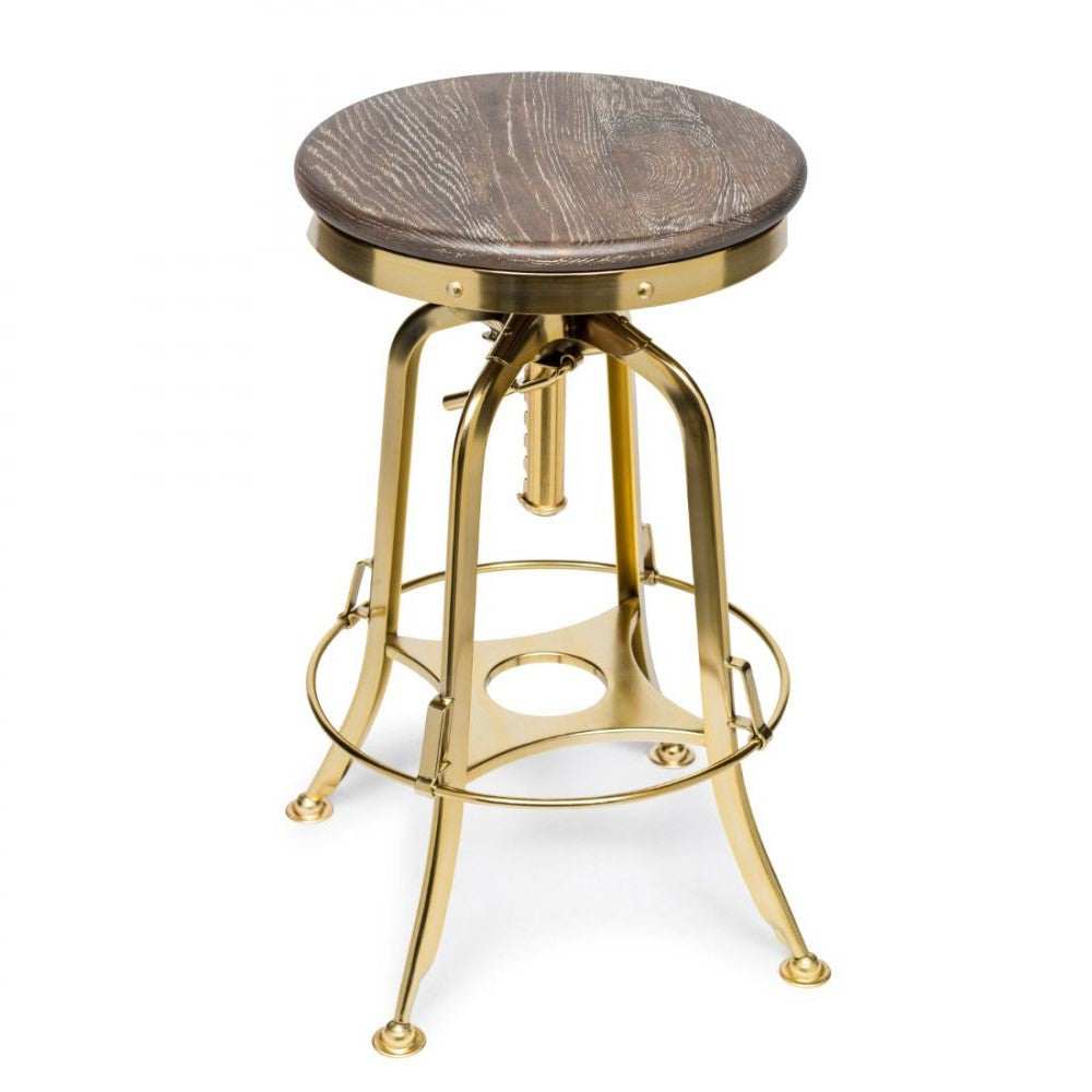 Hamptons Oak Wood Top Swivel Height Adjustable Bar Stool - Gold