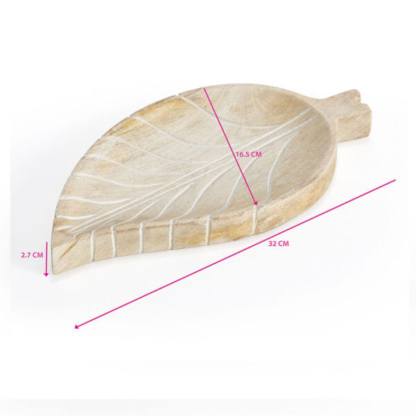 Hand-Carved Mango Wood Leaf-Shape Tray - 30cms