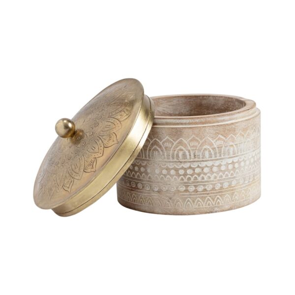 Hand-Carved Round Wood Box with Pressed Metal Lid - 13x13cms