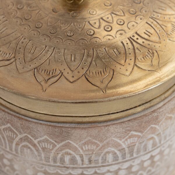 Hand-Carved Round Wood Box with Pressed Metal Lid - 13x13cms