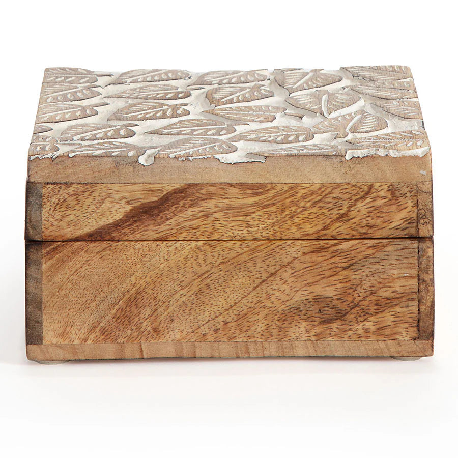 Hand-Carved Square Mango Wood 'Embossed Leaves' Box - 15x15x8cms