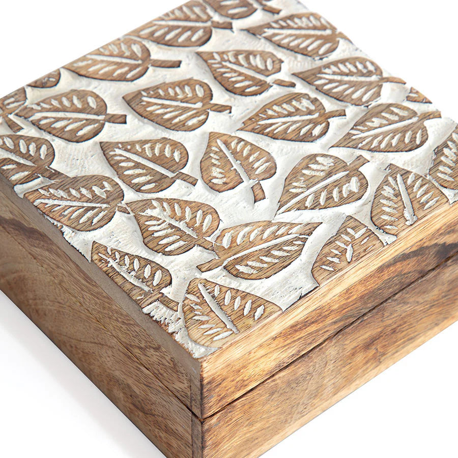 Hand-Carved Square Mango Wood 'Embossed Leaves' Box - 15x15x8cms