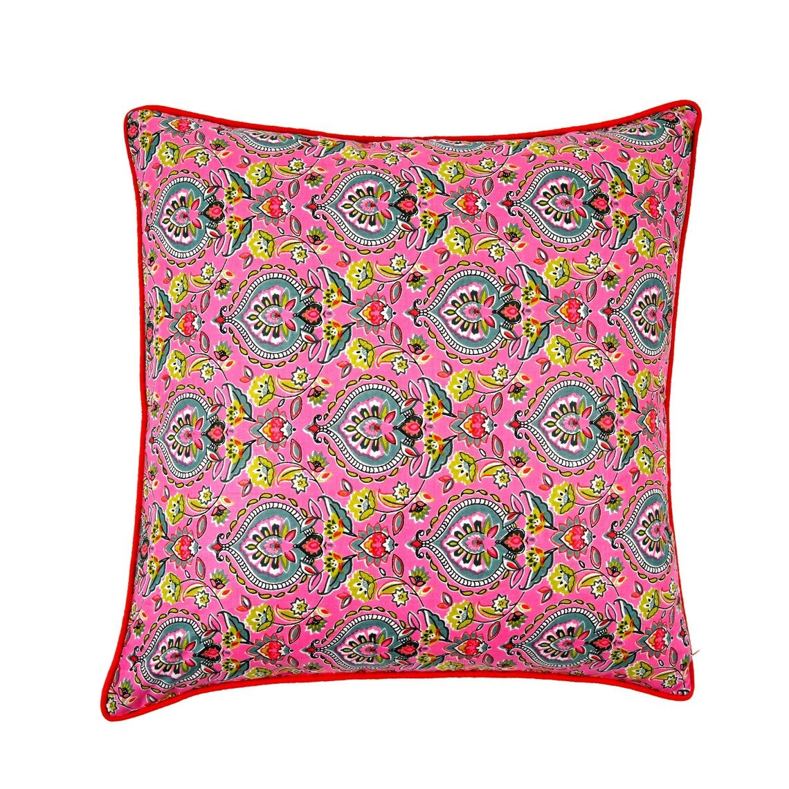 Hand-Stamped Floral Cotton Cushion Cover 50 x 50cms - Pink