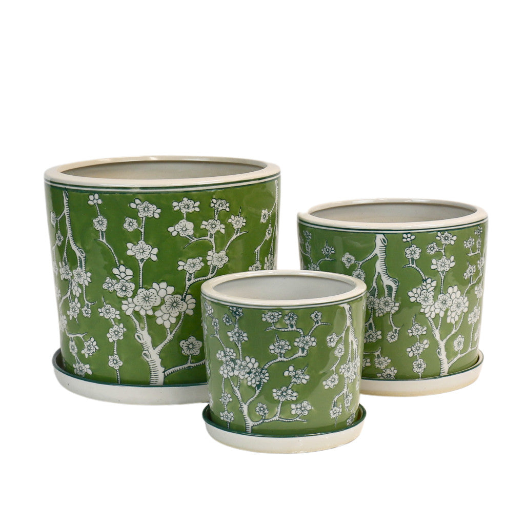 Hand Painted Green Blossom Ceramic Planters - Set of 3