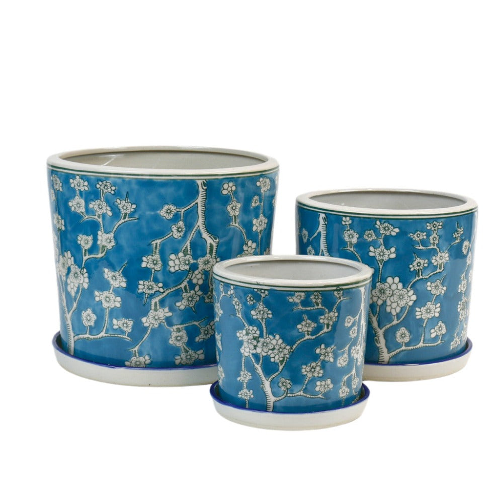 Hand Painted Teal Blossom Ceramic Planters - Set of 3