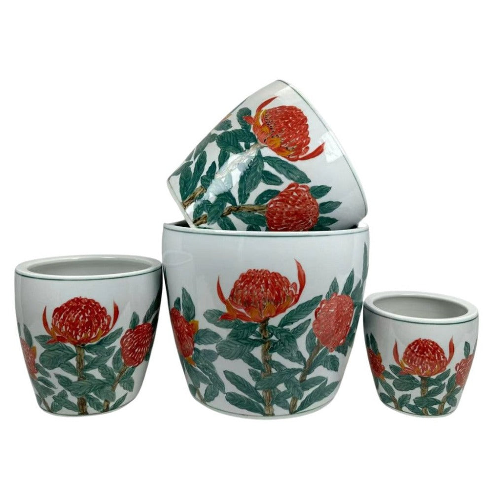 Hand Painted Waratah Ceramic Planters - Set of 4