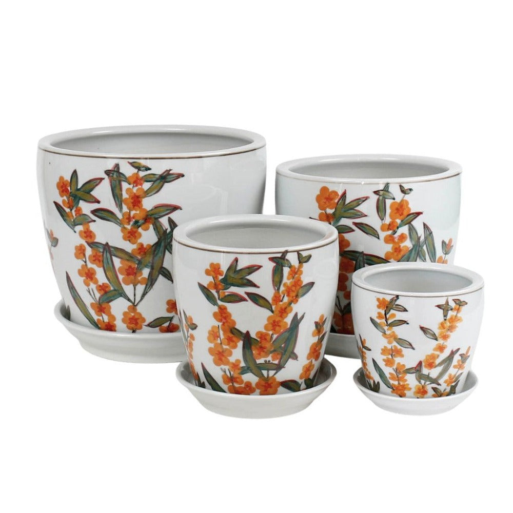 Hand Painted Wattle Blossom Ceramic Planters - Set of 4