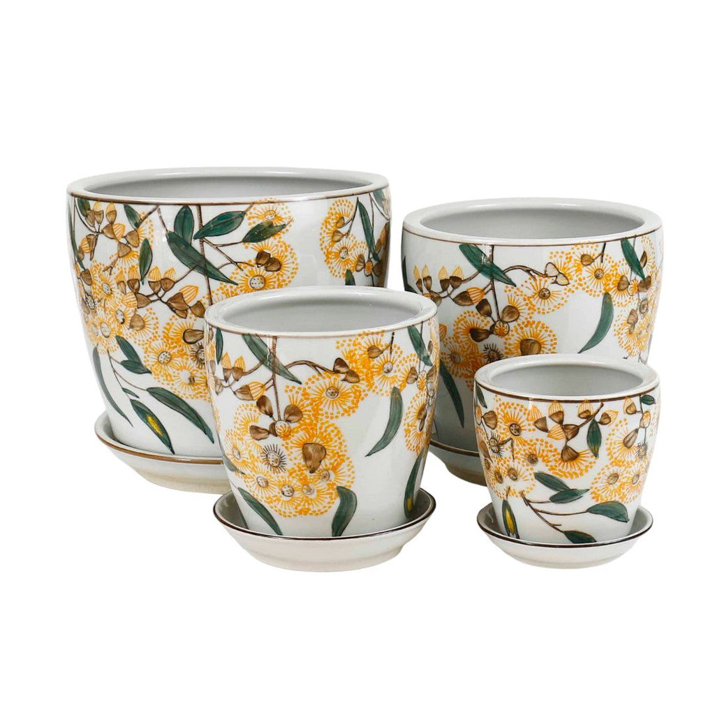 Hand Painted Yellow Blossom Ceramic Planters - Set of 4